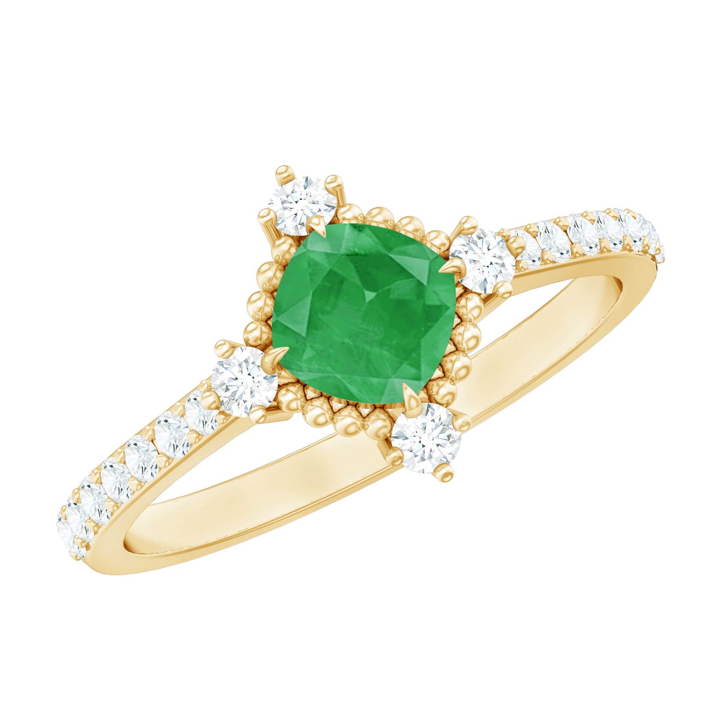 Anillo de compromiso de esmeralda de talla cojín auténtica con aspecto antiguo y diamantes