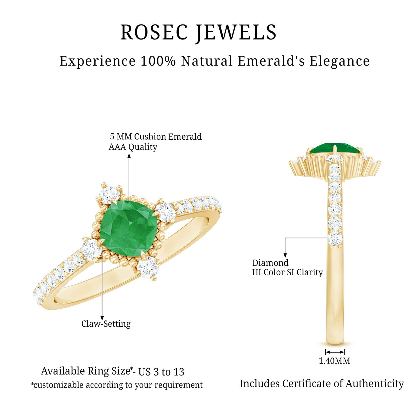 Anillo de compromiso de esmeralda de talla cojín auténtica con aspecto antiguo y diamantes