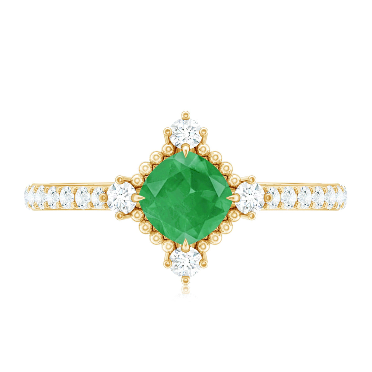 Anillo de compromiso de esmeralda de talla cojín auténtica con aspecto antiguo y diamantes