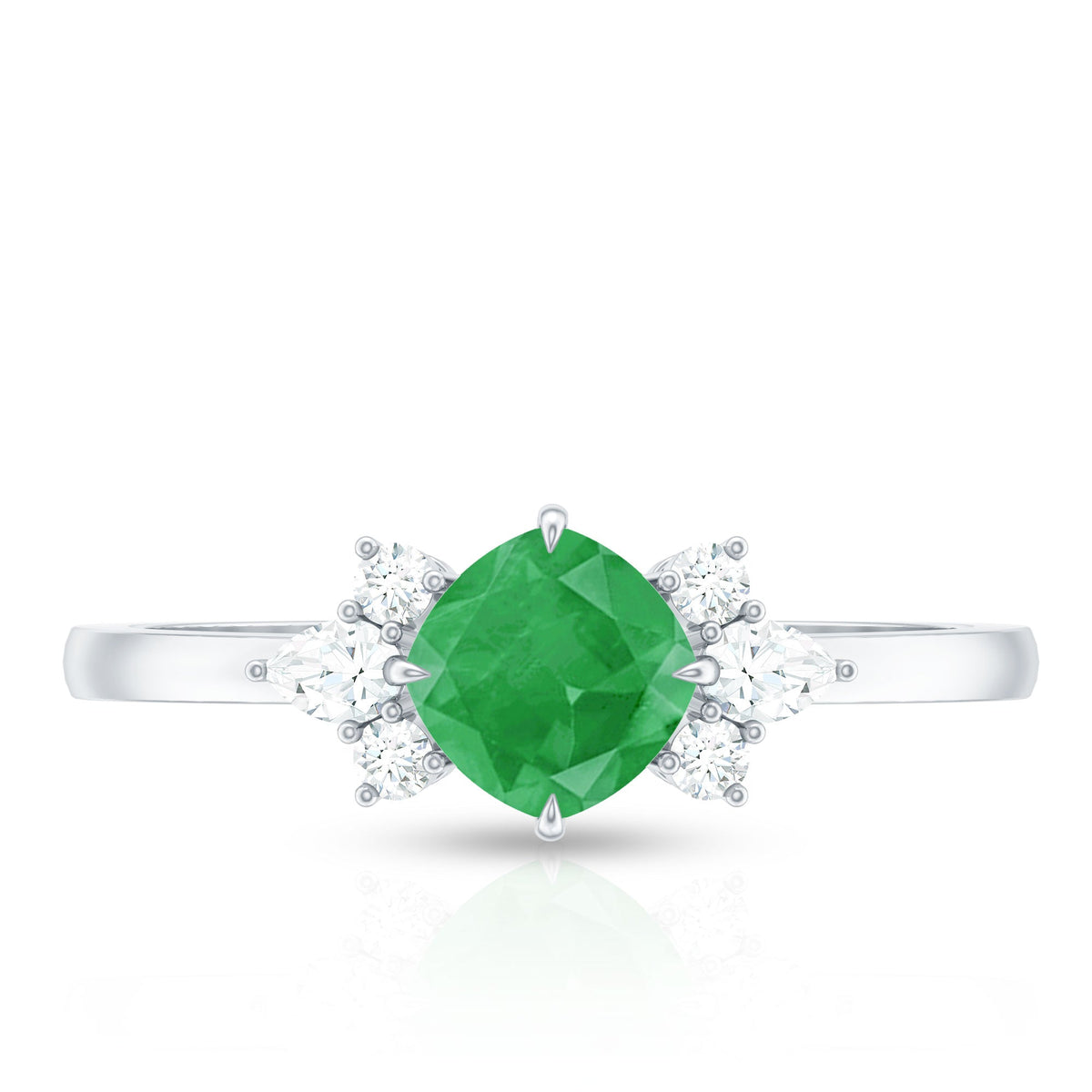 Certified Real Cushion Cut Emerald Engagement Ring with Diamond Trio