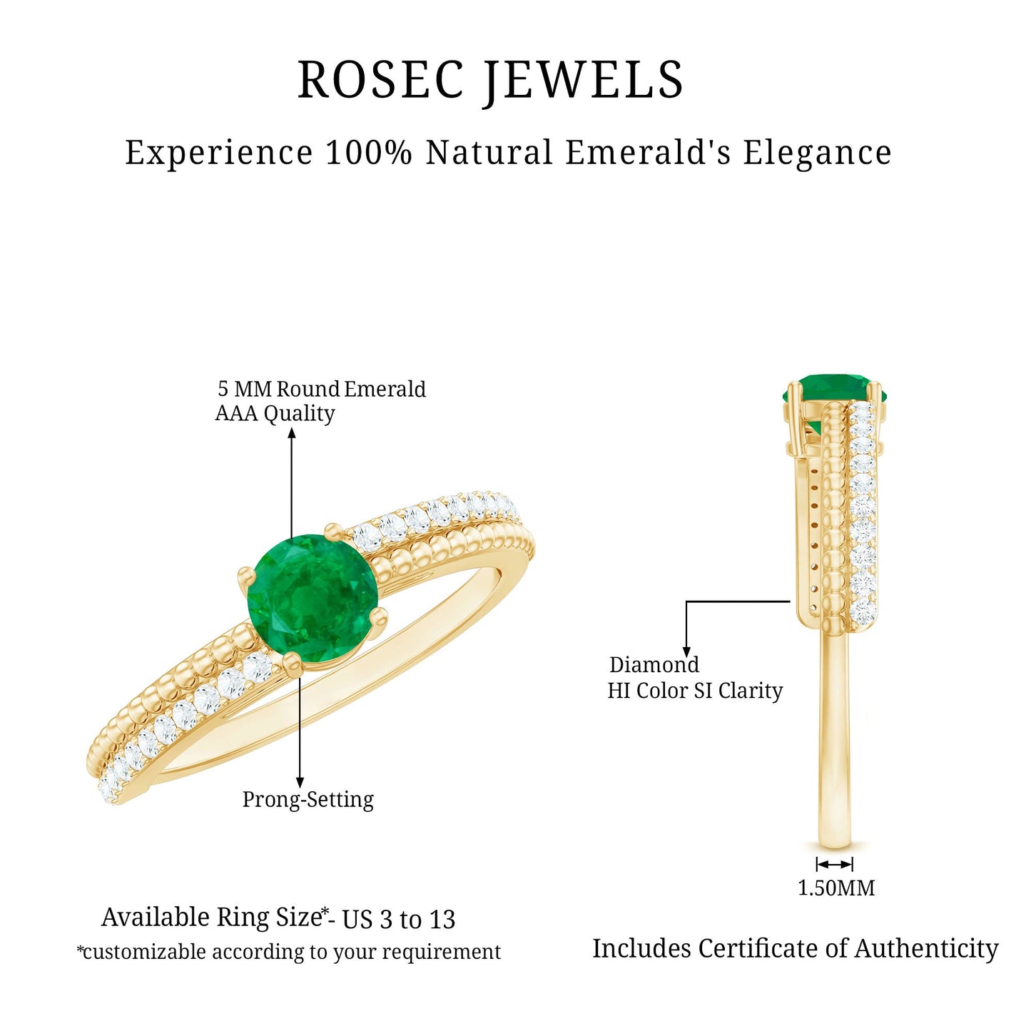 Anillo de compromiso de oro con esmeralda y diamantes naturales y detalles calados