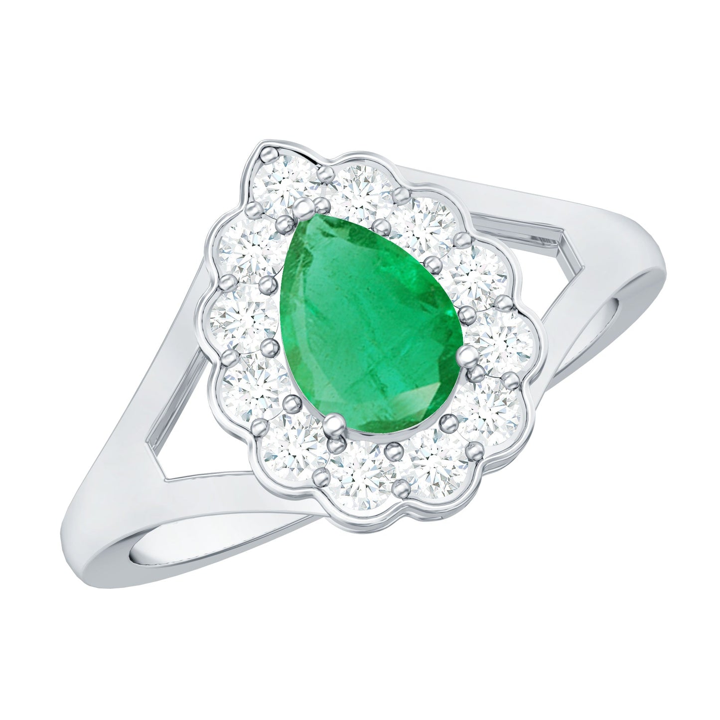 Anillo de compromiso de esmeralda talla pera de 0,6 quilates con halo de diamantes