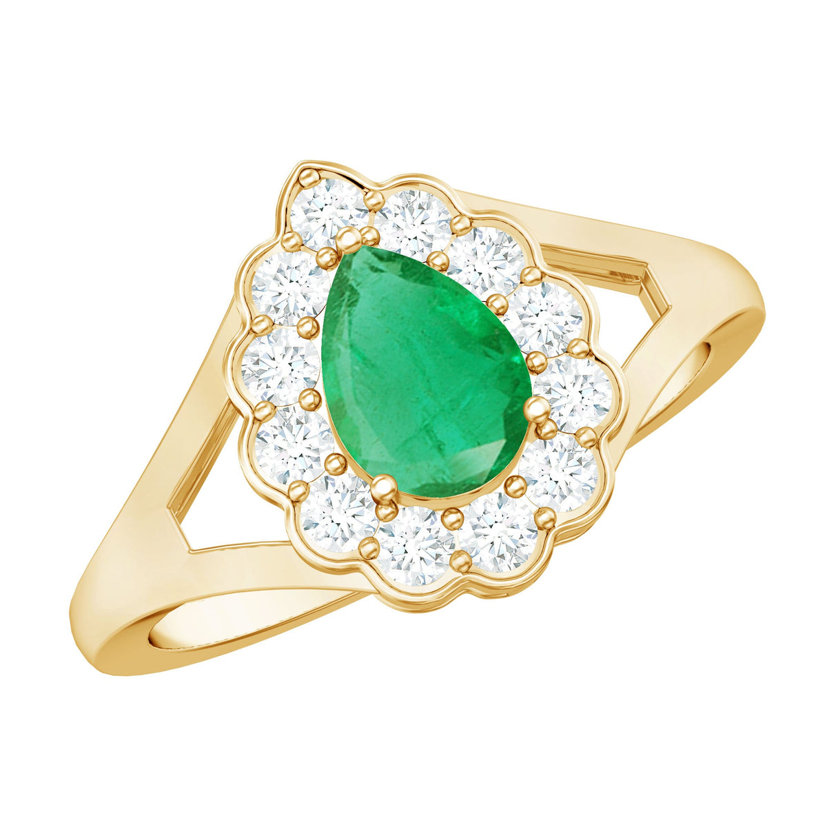 Anillo de compromiso de esmeralda talla pera de 0,6 quilates con halo de diamantes