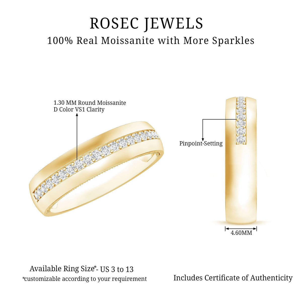 Certified Moissanite Classic Wedding Band Ring