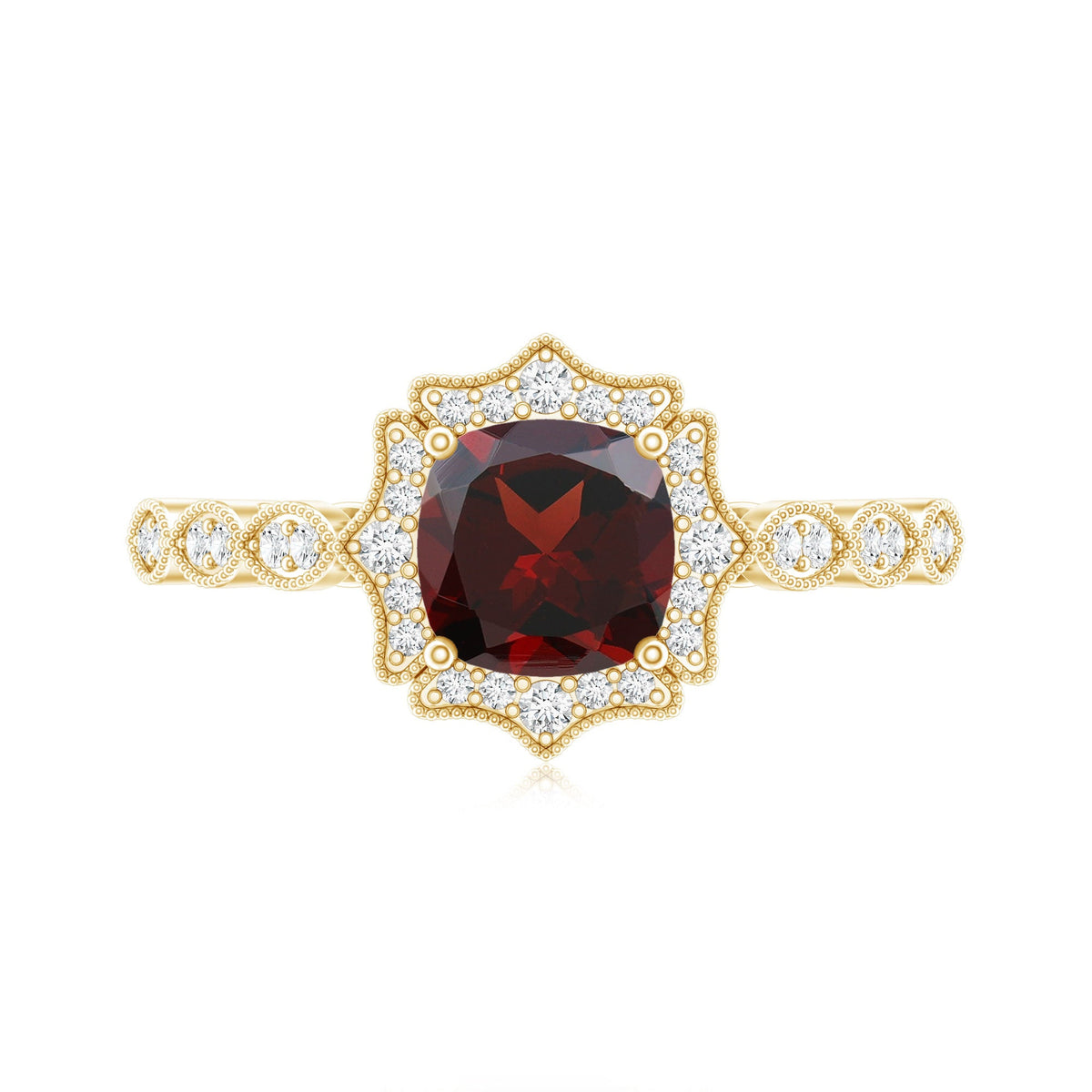 Vintage Looking 3.2 Carat Garnet Cushion Cut Engagement Ring with Diamond