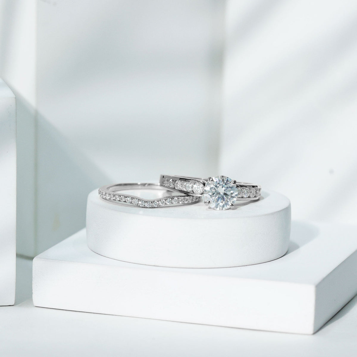 Certified 2 Carat Round Moissanite Engagement Ring with Wedding Band