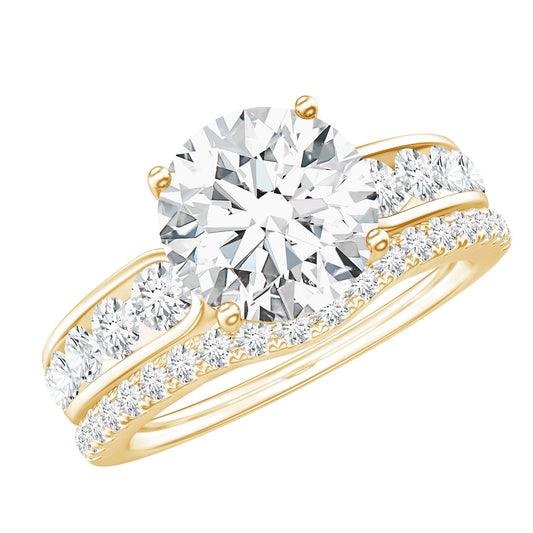 Anillo de compromiso de moissanita redonda de 2 quilates con certificación y alianza de boda