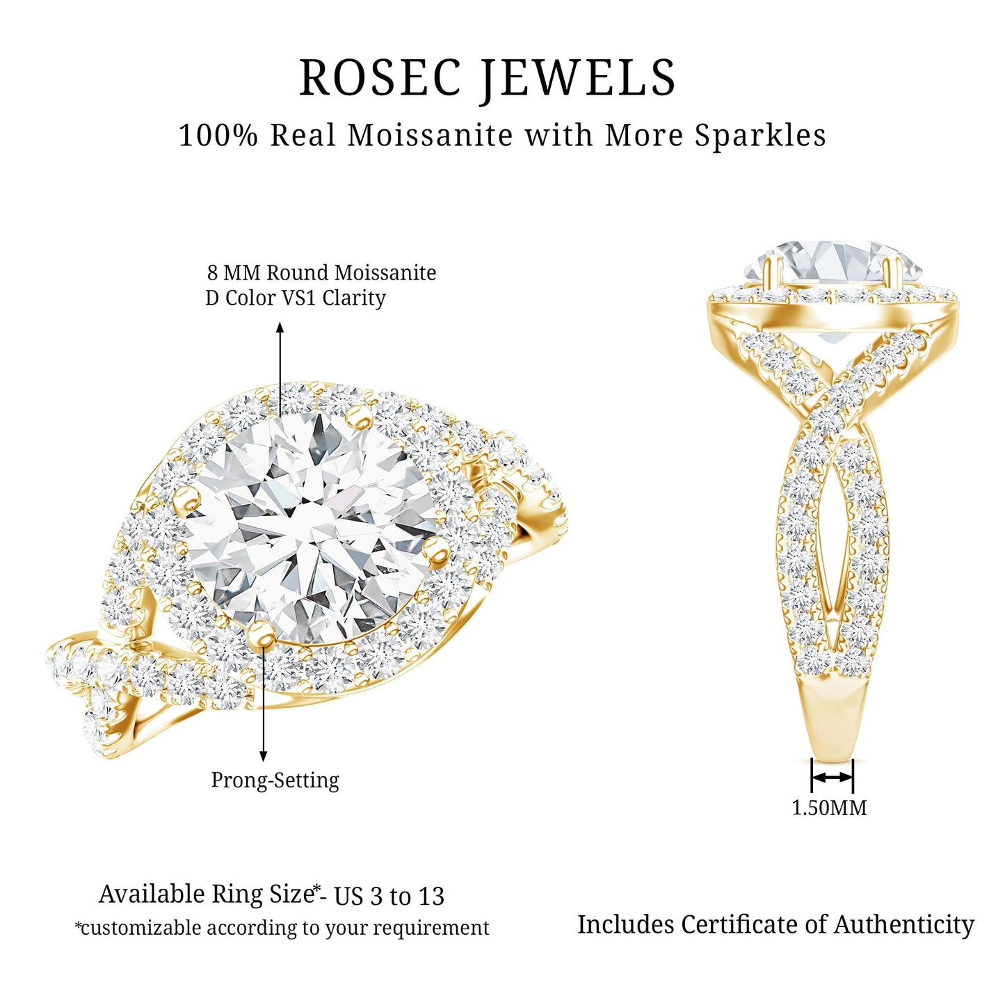 Anillo de compromiso para mujer con moissanita redonda y diseño cruzado