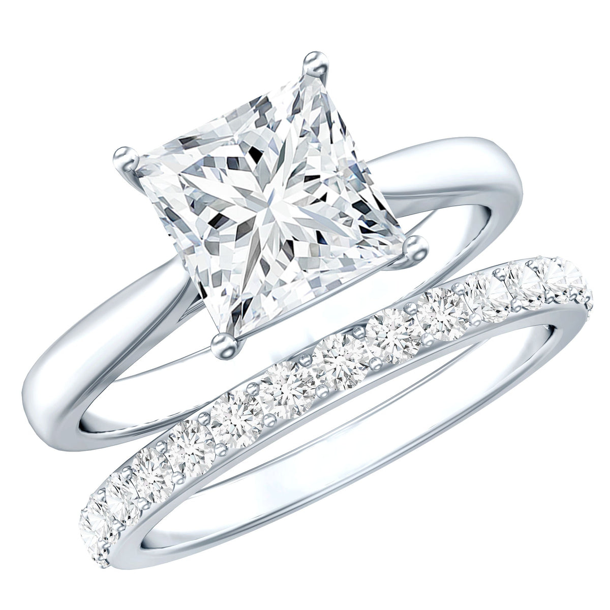 Anillo de compromiso de moissanita con corte princesa de 3 quilates certificado con banda de boda