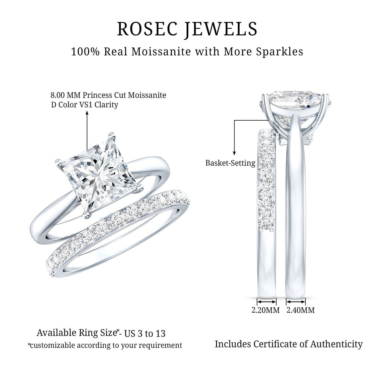 Anillo de compromiso de moissanita con corte princesa de 3 quilates certificado con banda de boda