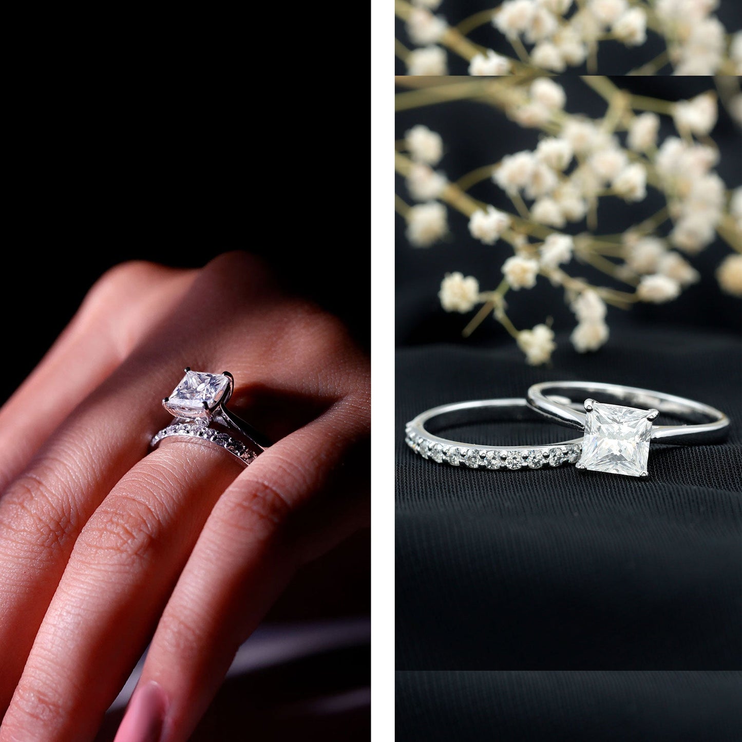 Anillo de compromiso de moissanita con corte princesa de 3 quilates certificado con banda de boda