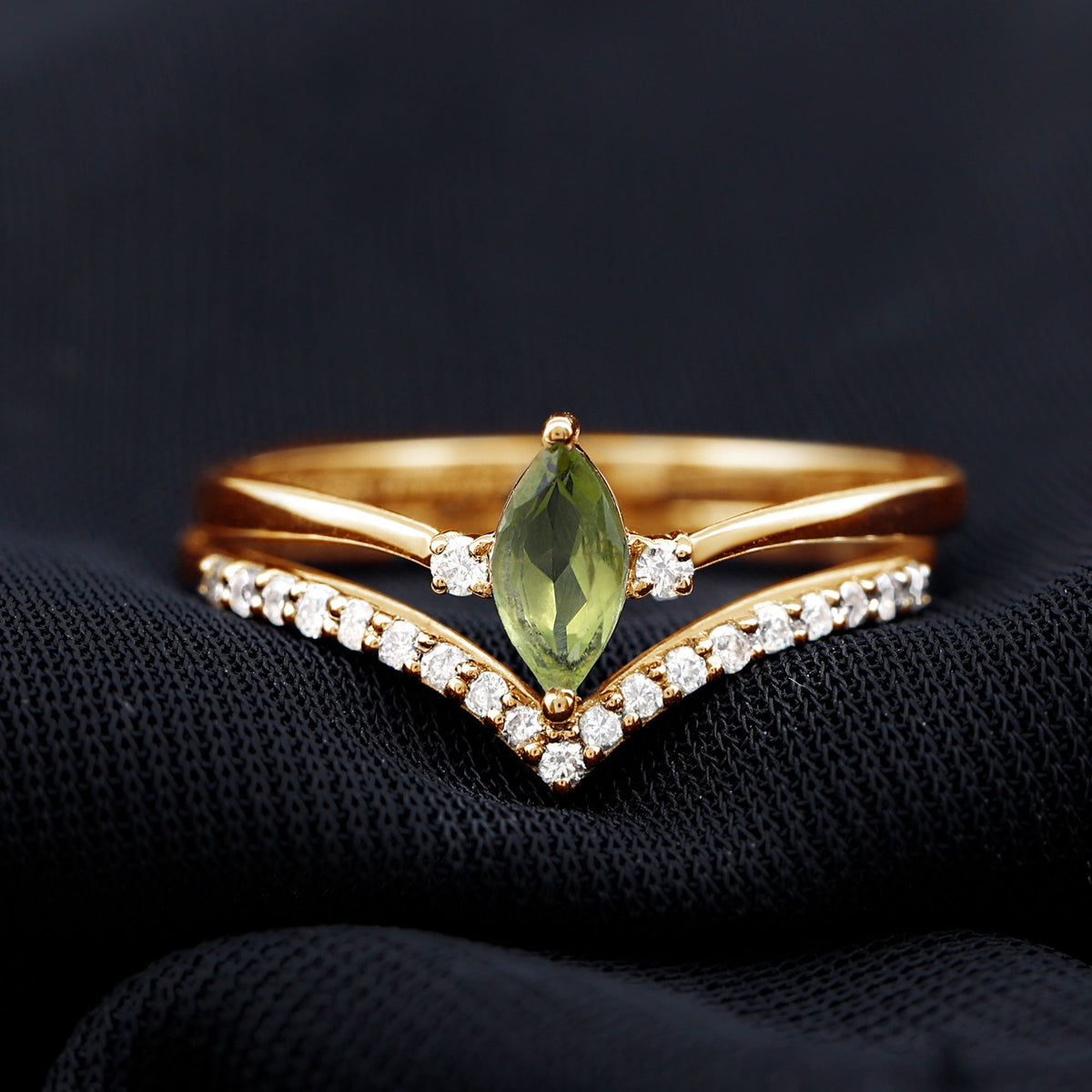 Marquise Cut Peridot Solitaire Wedding Ring Set with Diamond