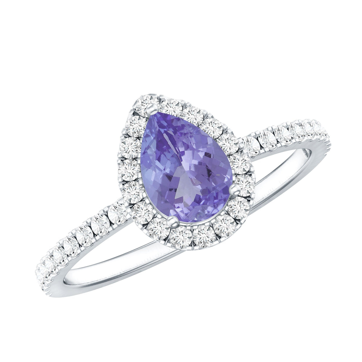 Anillo de compromiso de tanzanita en forma de pera auténtica con halo de diamantes