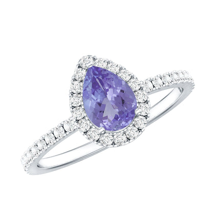 Anillo de compromiso de tanzanita en forma de pera auténtica con halo de diamantes
