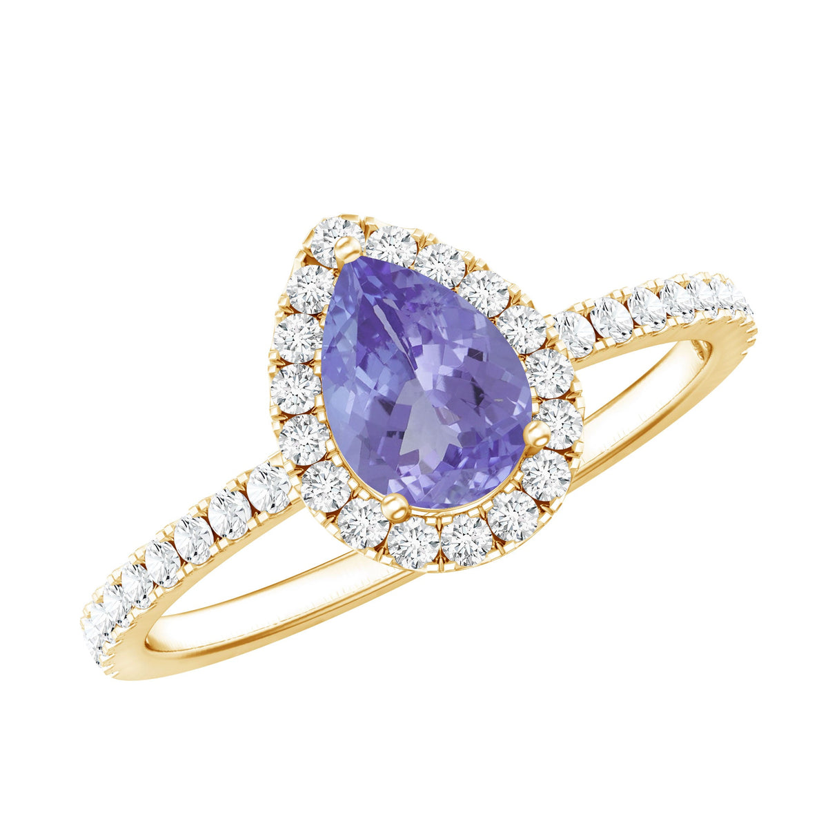 Anillo de compromiso de tanzanita en forma de pera auténtica con halo de diamantes
