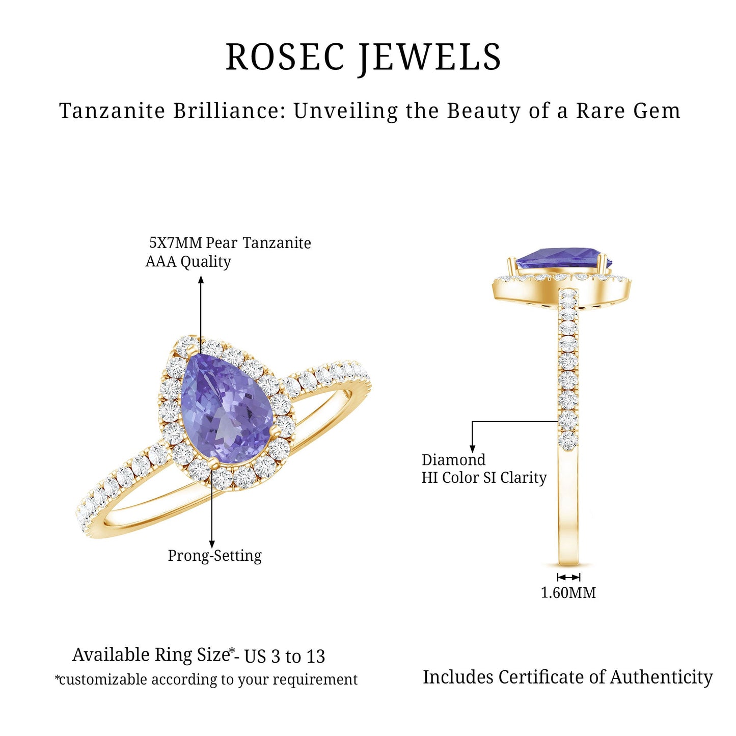 Anillo de compromiso de tanzanita en forma de pera auténtica con halo de diamantes