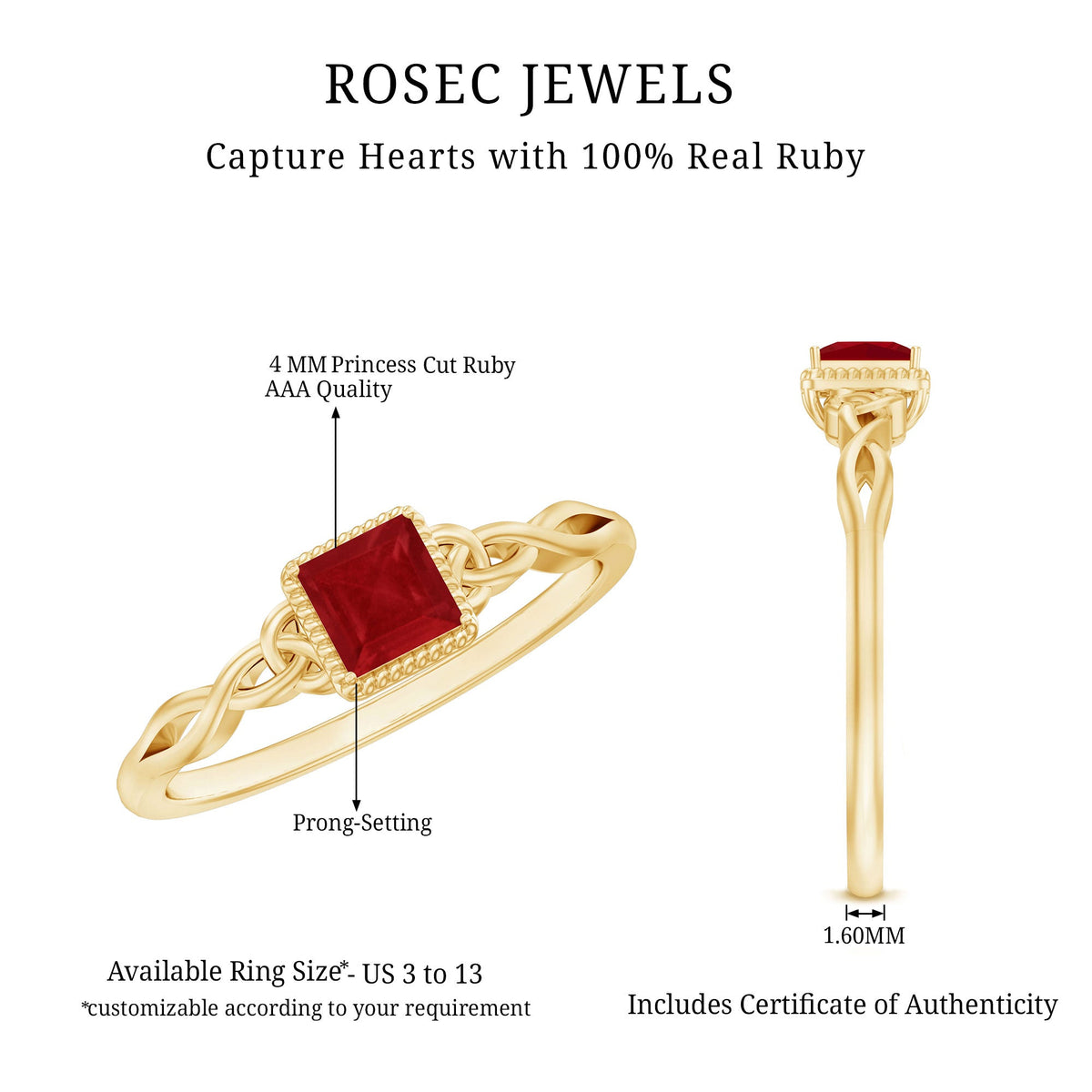 Anillo de promesa con nudo celta y rubí auténtico de talla princesa