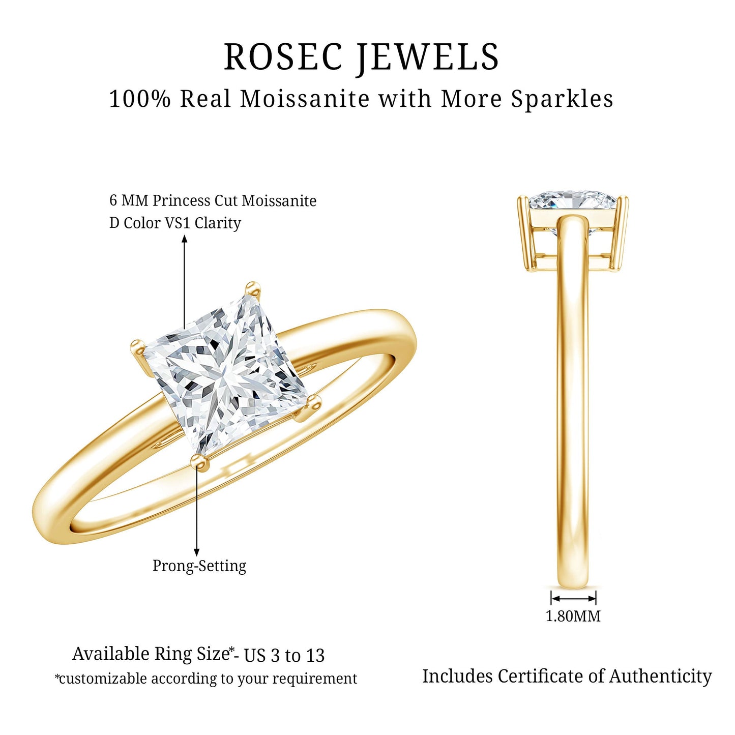 Anillo Solitario de Moissanita Corte Princesa de 1 CT para Mujer