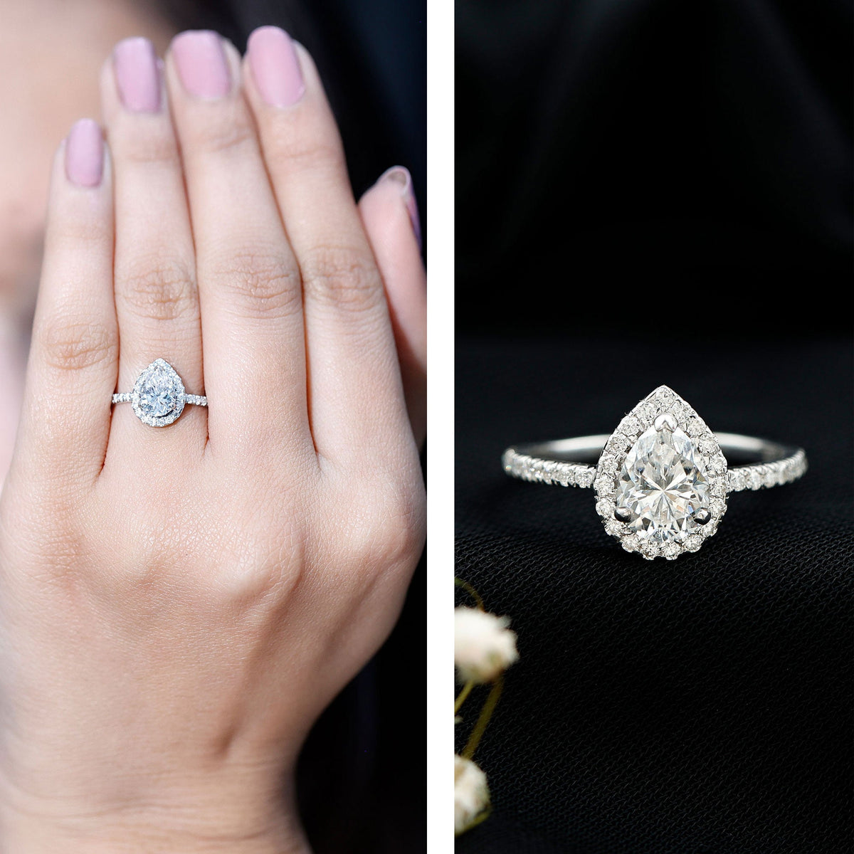 Anillo de compromiso para mujer de moissanita talla pera con halo