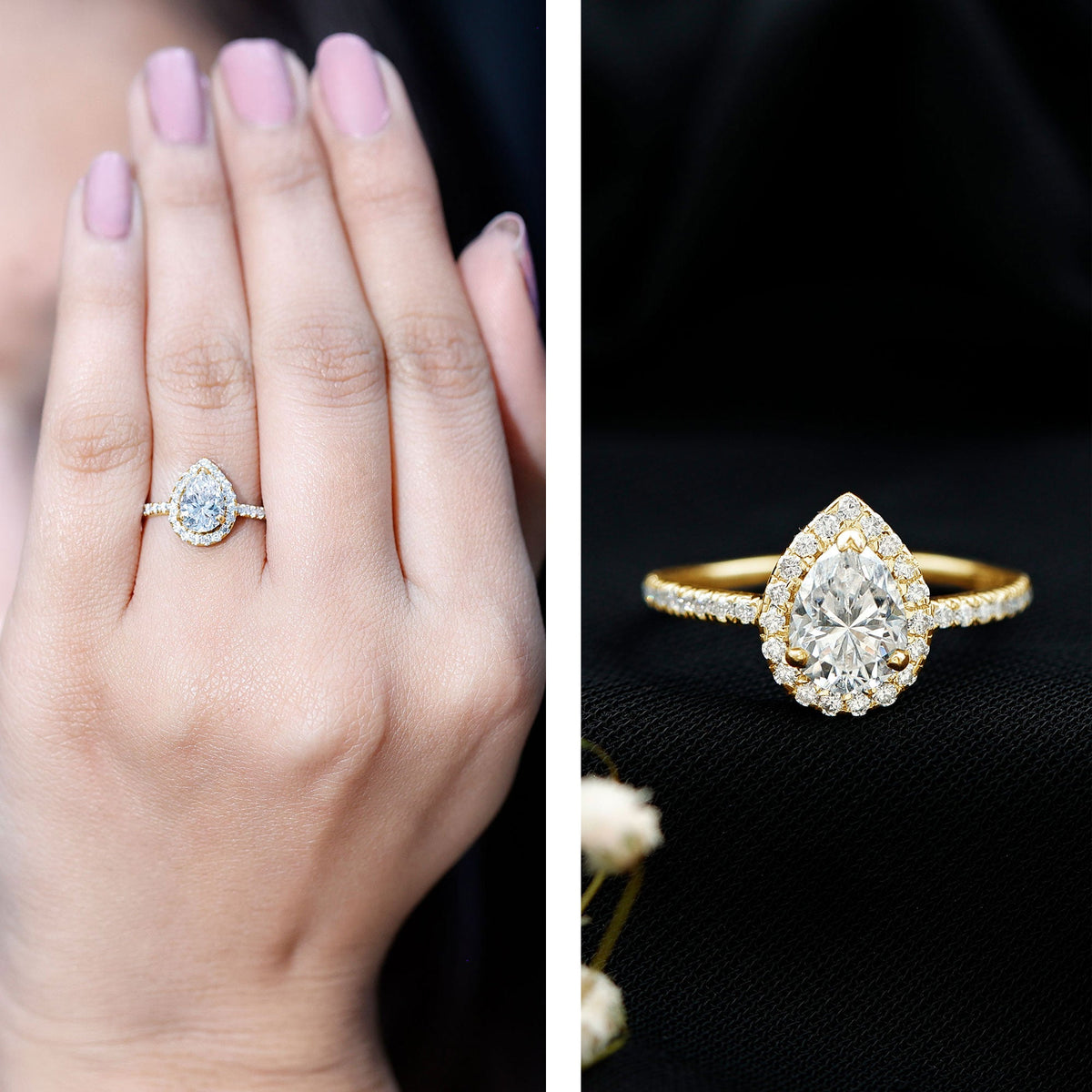 Anillo de compromiso para mujer de moissanita talla pera con halo