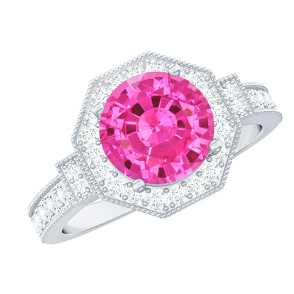 Anillo de compromiso vintage de zafiro rosa creado en laboratorio con halo de diamantes