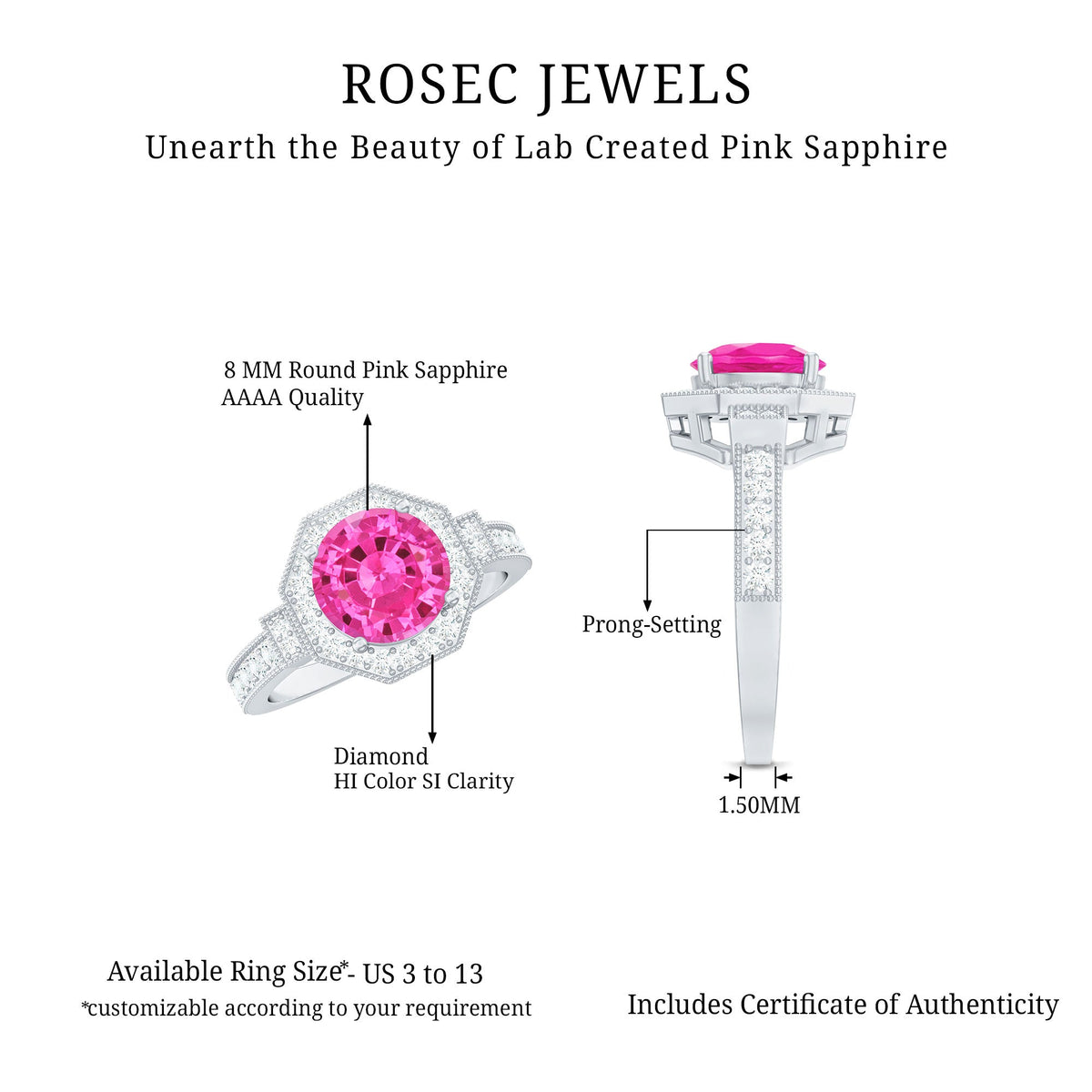 Anillo de compromiso vintage de zafiro rosa creado en laboratorio con halo de diamantes