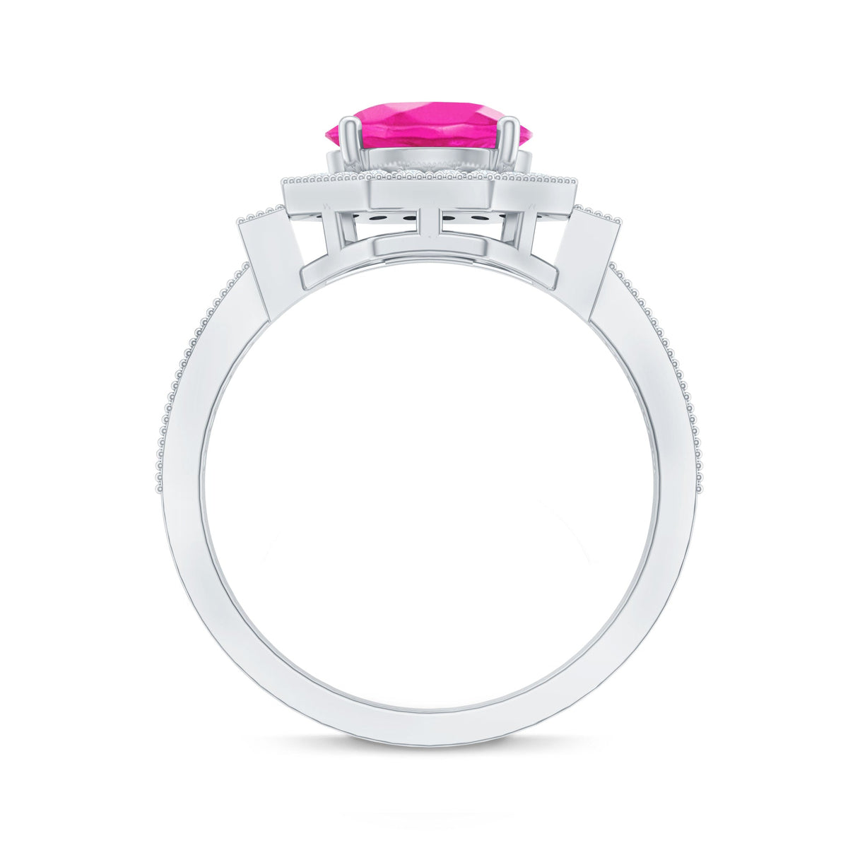 Anillo de compromiso vintage de zafiro rosa creado en laboratorio con halo de diamantes