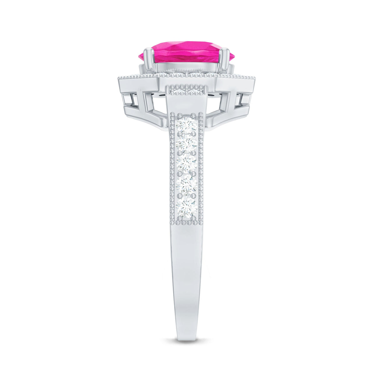 Anillo de compromiso vintage de zafiro rosa creado en laboratorio con halo de diamantes