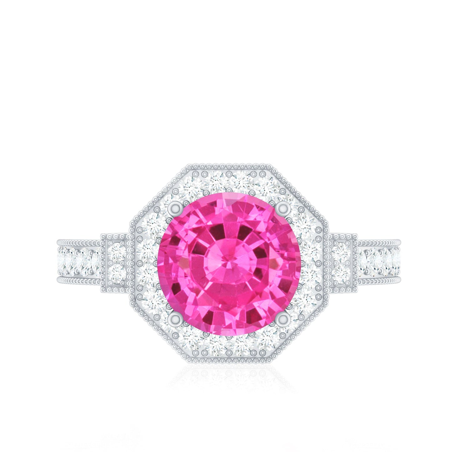 Anillo de compromiso vintage de zafiro rosa creado en laboratorio con halo de diamantes