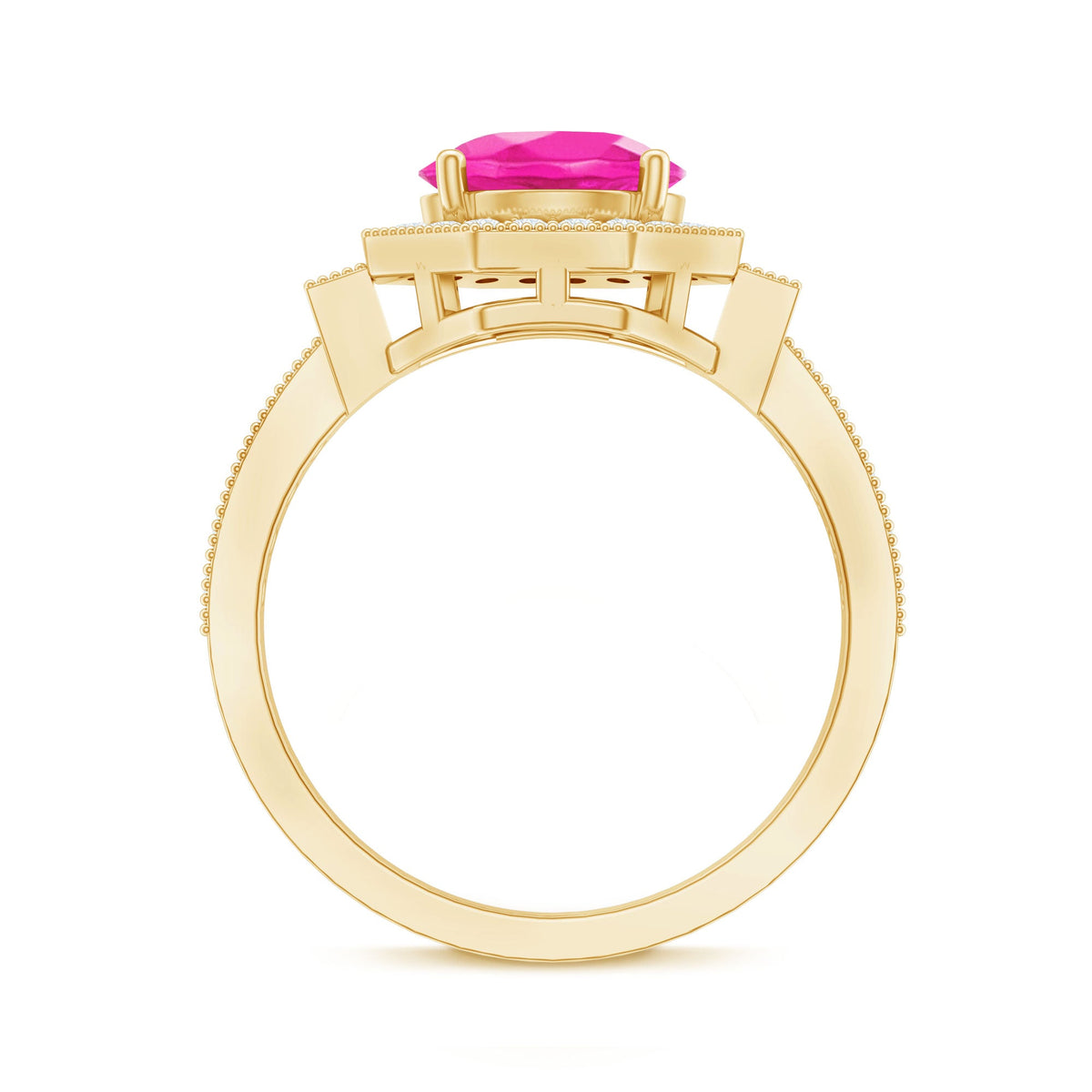 Anillo de compromiso vintage de zafiro rosa creado en laboratorio con halo de diamantes
