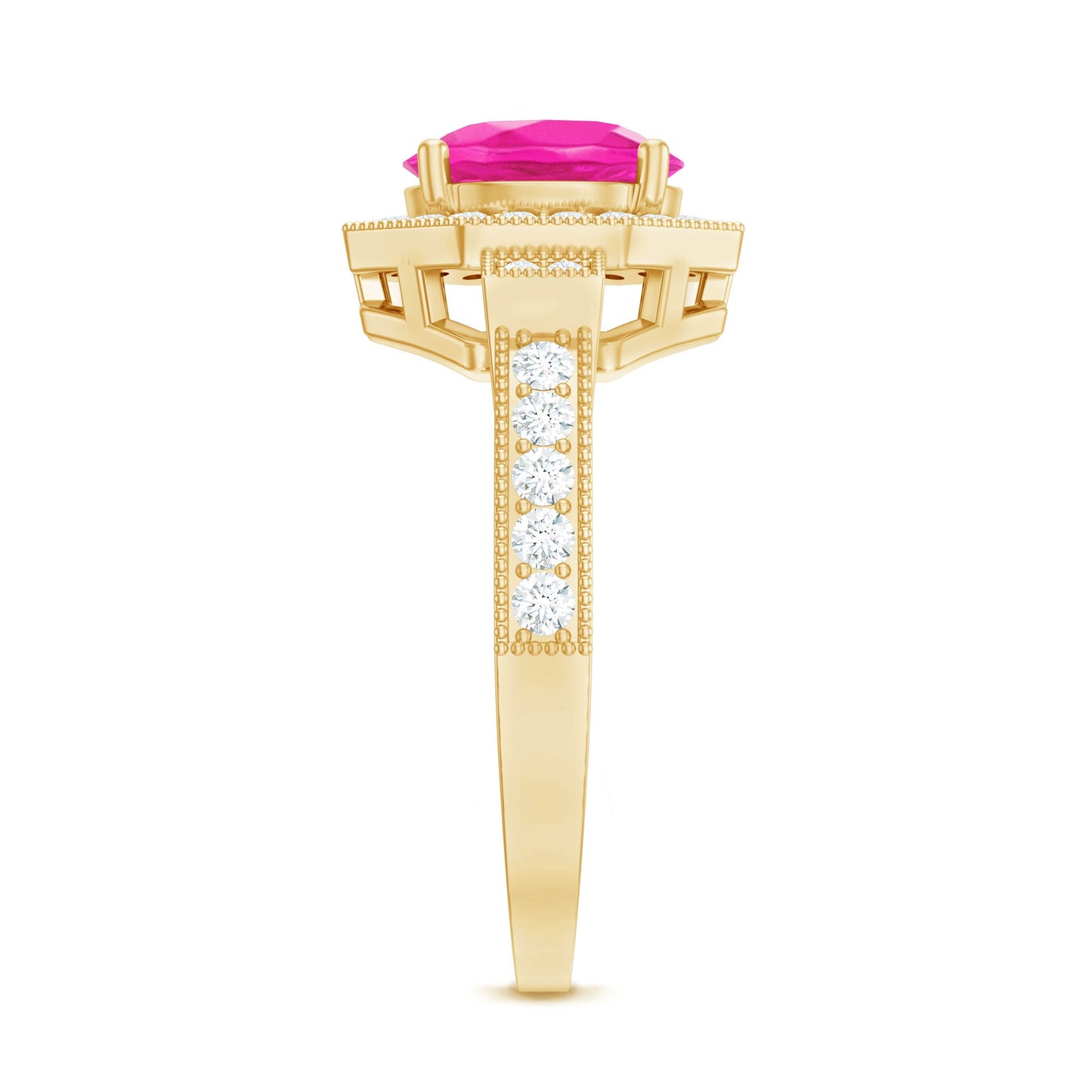 Anillo de compromiso vintage de zafiro rosa creado en laboratorio con halo de diamantes