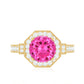 Anillo de compromiso vintage de zafiro rosa creado en laboratorio con halo de diamantes