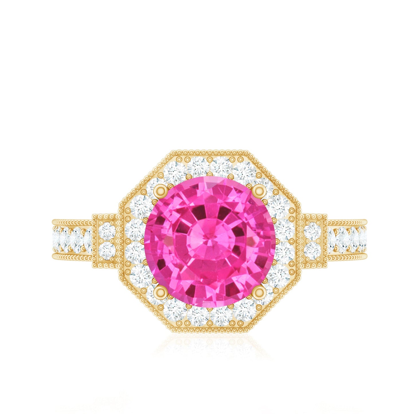 Anillo de compromiso vintage de zafiro rosa creado en laboratorio con halo de diamantes