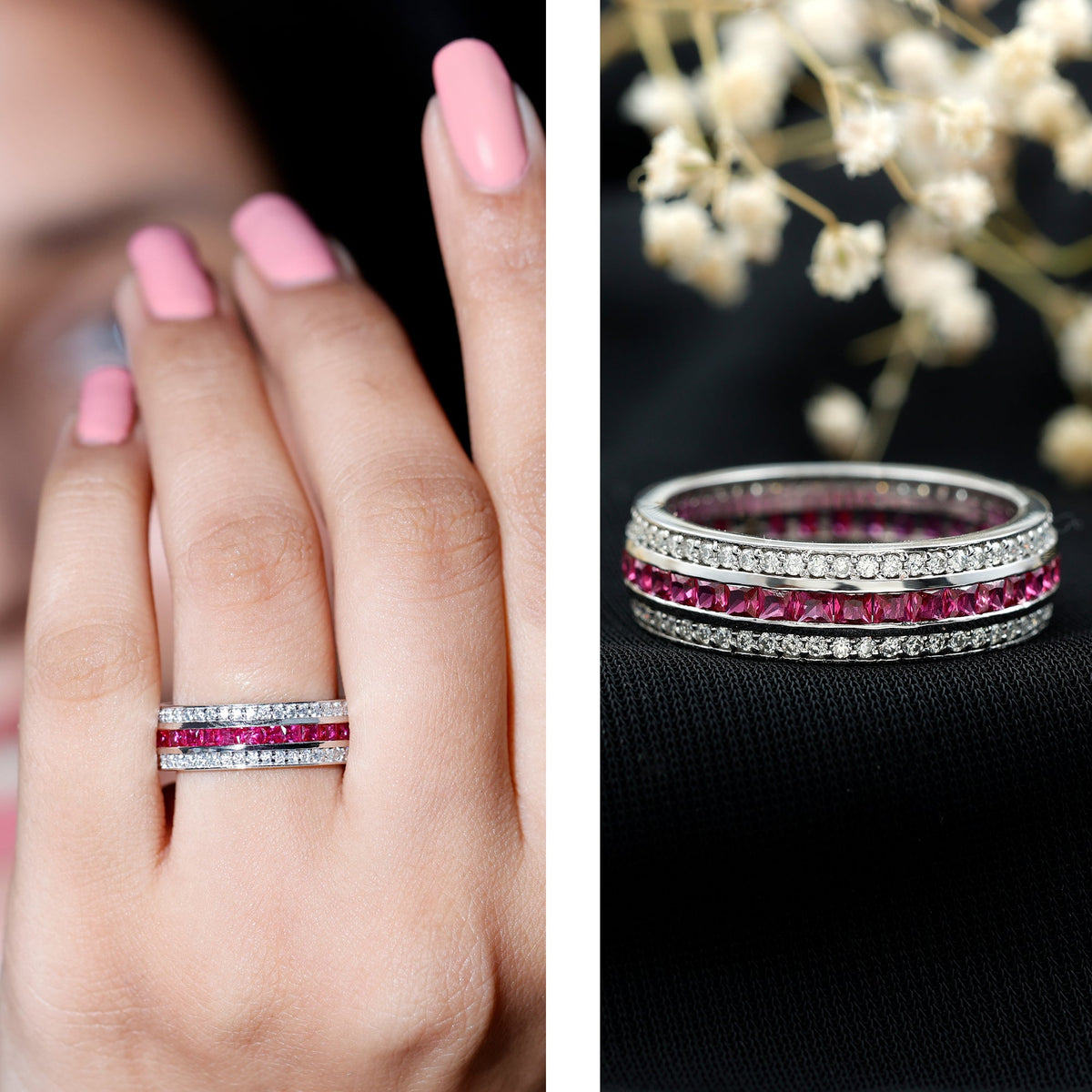 Lab Created Ruby Three Row Wedding Band for Women