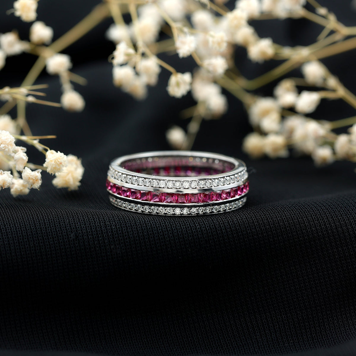 Lab Created Ruby Three Row Wedding Band for Women