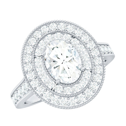 Milgrain Embellished Oval Moissanite Double Halo Engagement Ring