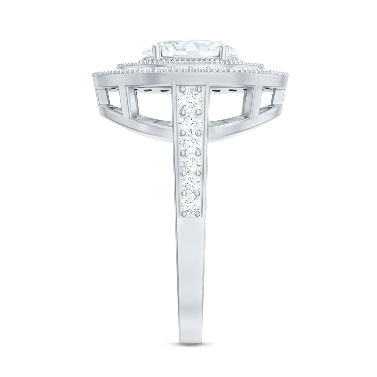 Milgrain Embellished Oval Moissanite Double Halo Engagement Ring
