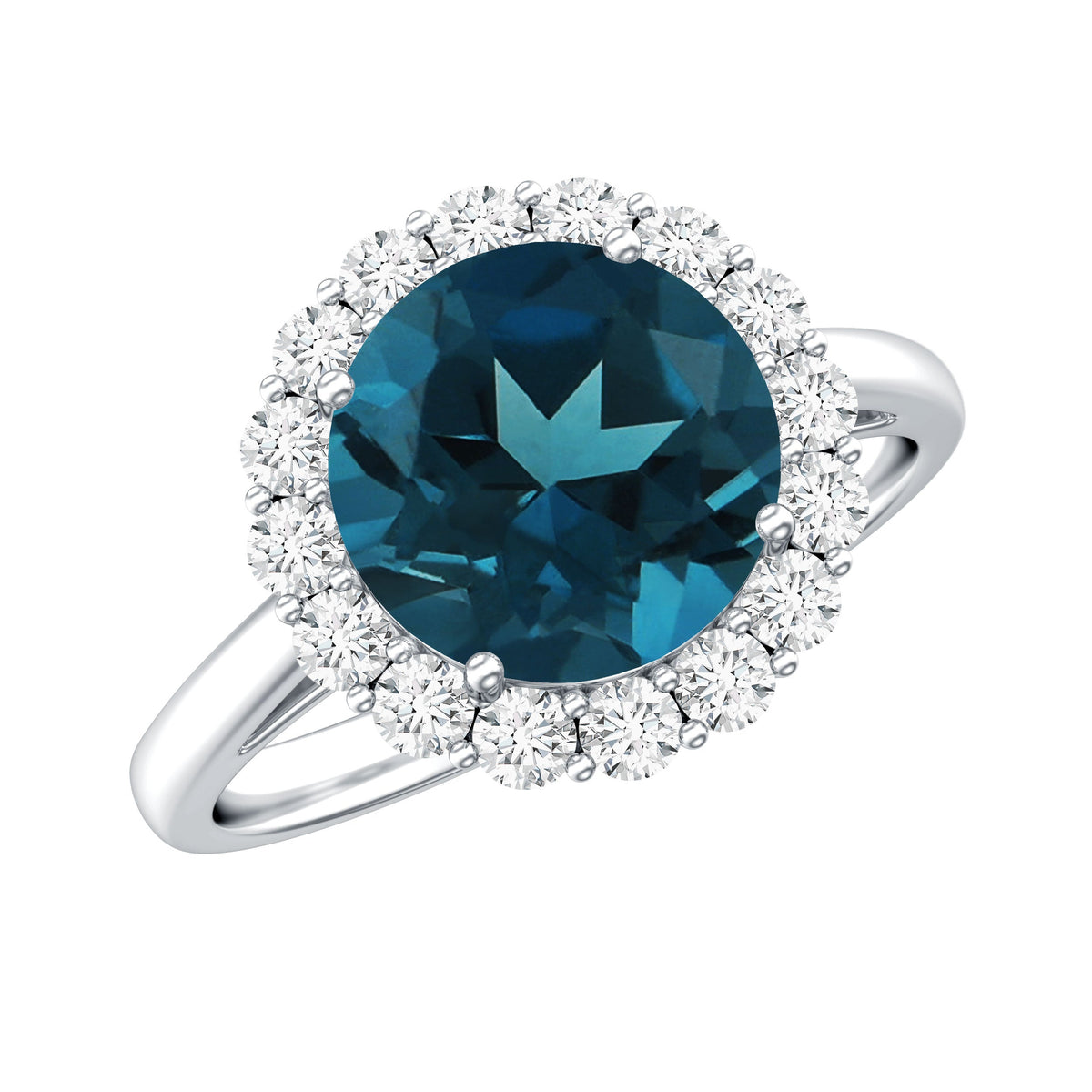 Anillo de compromiso clásico de topacio azul de Londres redondo de 2 quilates con halo de diamantes