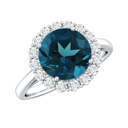 Anillo de compromiso clásico de topacio azul de Londres redondo de 2 quilates con halo de diamantes