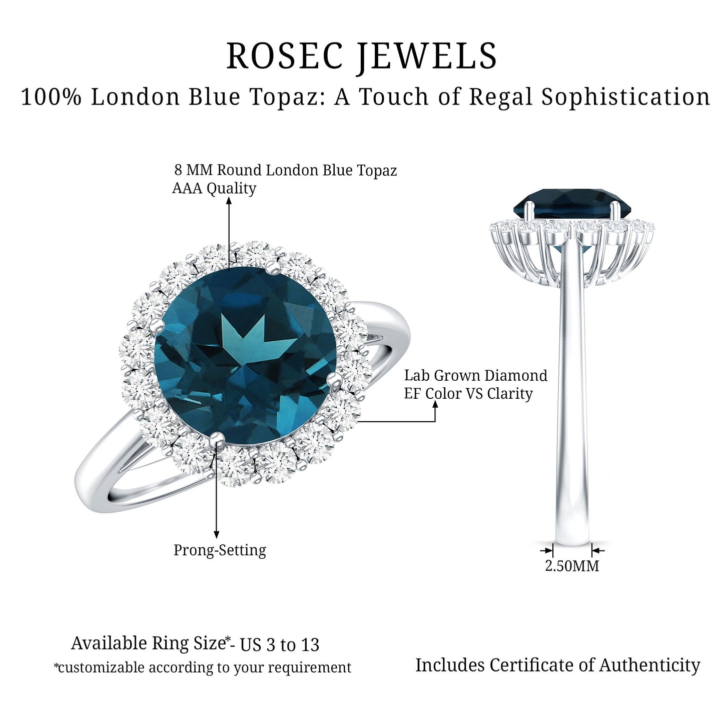 Anillo de compromiso clásico de topacio azul de Londres redondo de 2 quilates con halo de diamantes
