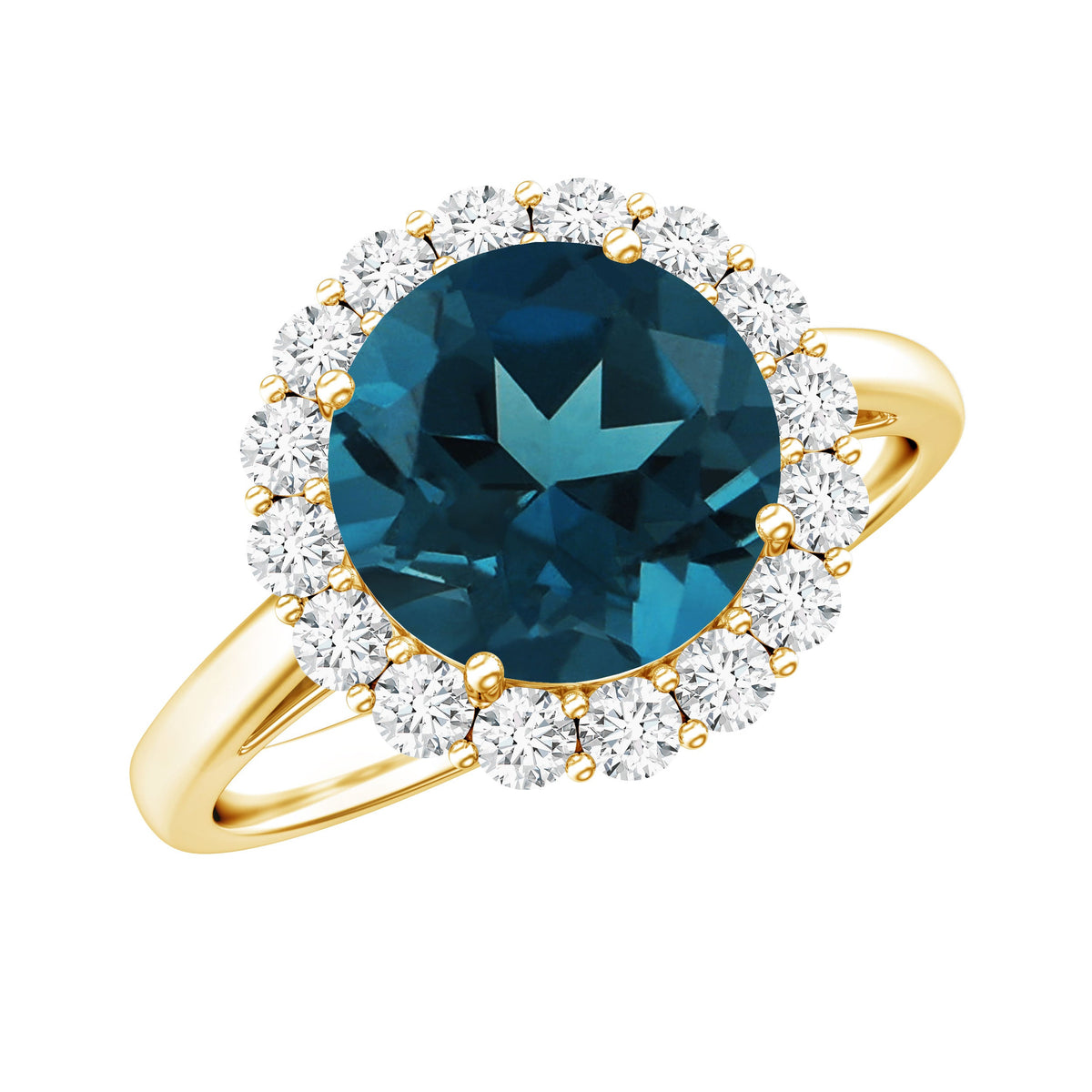 Anillo de compromiso clásico de topacio azul de Londres redondo de 2 quilates con halo de diamantes
