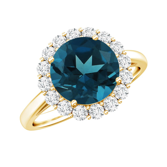 Anillo de compromiso clásico de topacio azul de Londres redondo de 2 quilates con halo de diamantes