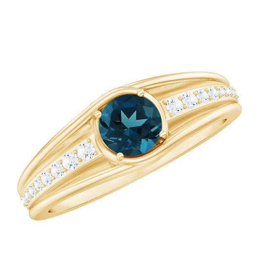 Anillo de compromiso genuino de topacio azul de Londres con diamantes laterales