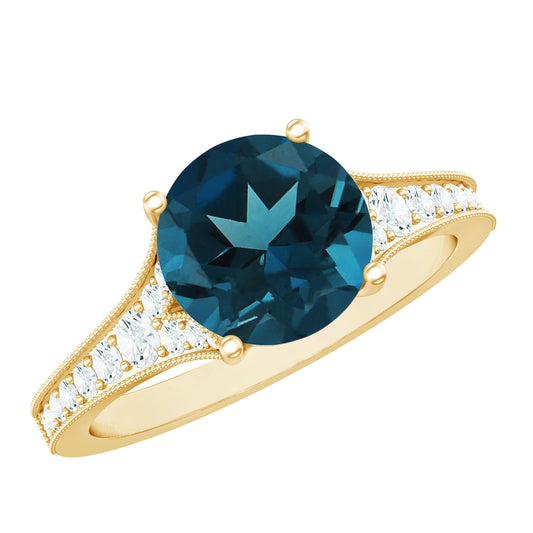Anillo de compromiso de topacio azul de Londres natural y diamantes