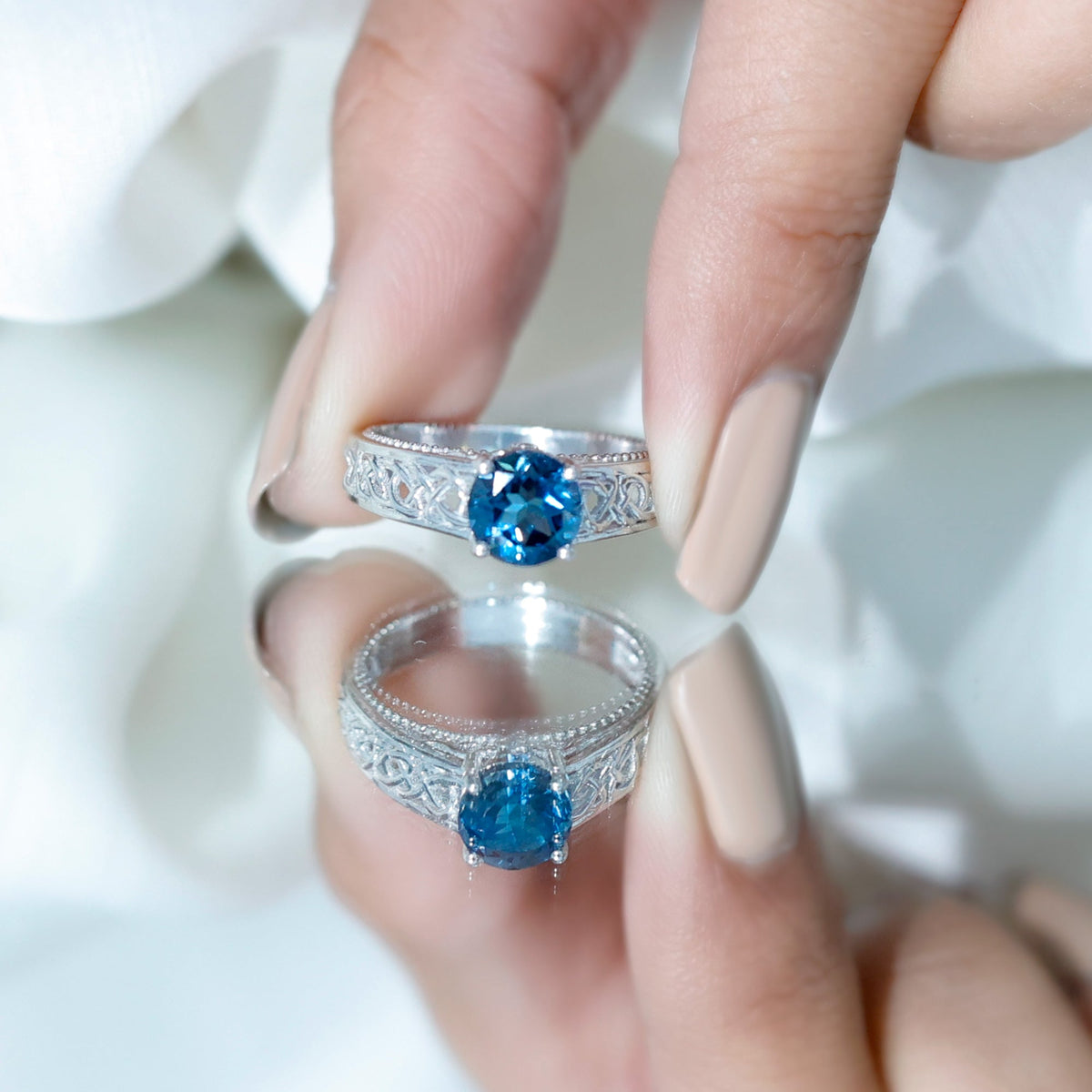 1.35 Carat Round London Blue Topaz Vintage Engagement Ring with Celtic Style Band
