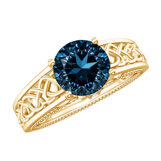 Anillo de compromiso redondo de topacio azul de Londres de 1,35 quilates con banda estilo celta