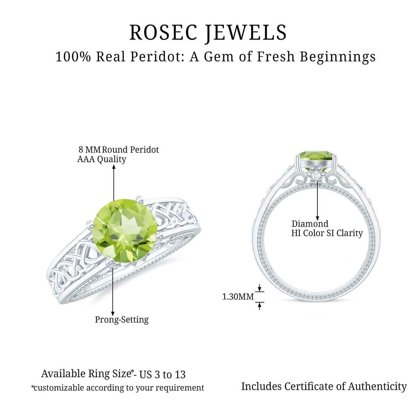 Anillo de compromiso con nudo celta de peridoto real de 2 quilates con diamante sorpresa
