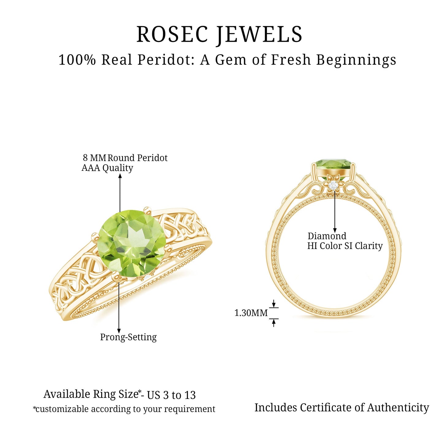 Anillo de compromiso con nudo celta de peridoto real de 2 quilates con diamante sorpresa