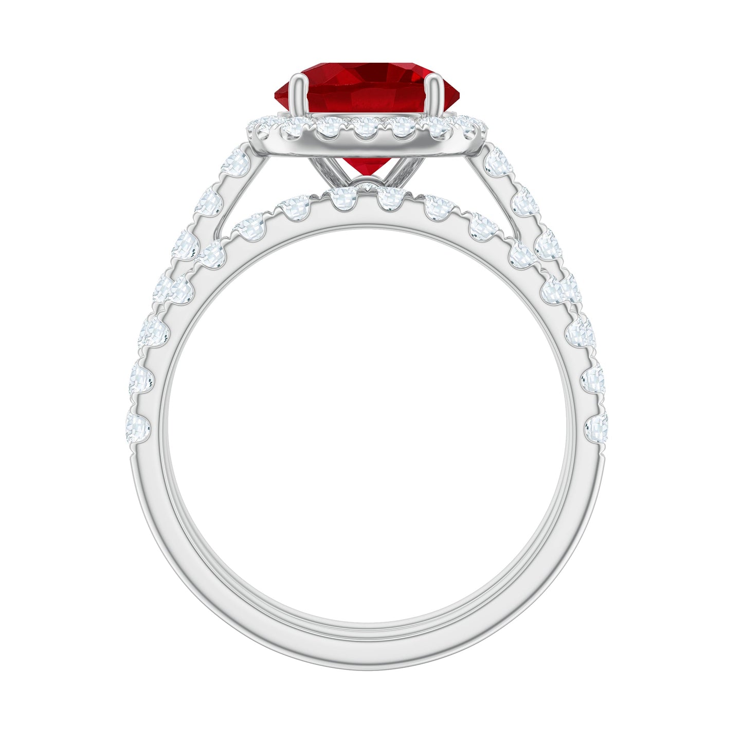Anillo de compromiso con halo de rubí creado en laboratorio con anillo potenciador de moissanita