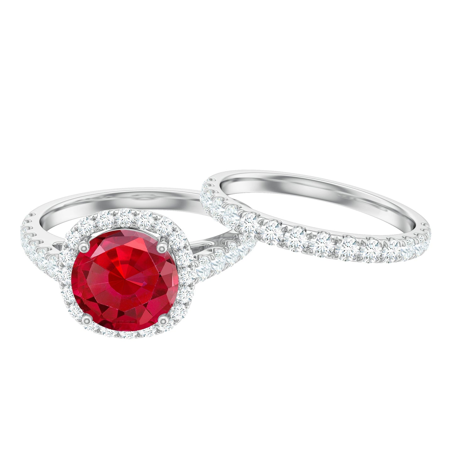 Anillo de compromiso con halo de rubí creado en laboratorio con anillo potenciador de moissanita